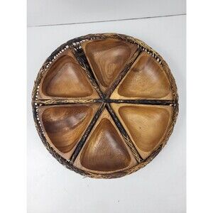 Vintage MCM Wood And Rattan Serving Platter Hand Crafted 12 Inch